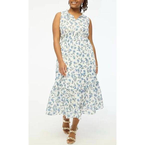 J.Crew Blue Floral Maxi Dress Women’s Medium Boho Ruffle Hem Summer V-Neck - Picture 1 of 10